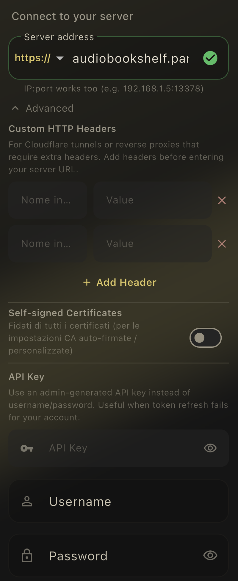 Absorb connection screen with the Advanced section open, showing Custom HTTP Headers with Name and Value fields, the server address, and the Username and Password fields