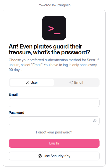 Pangolin login page with two tabs at the top of the form: User and Email