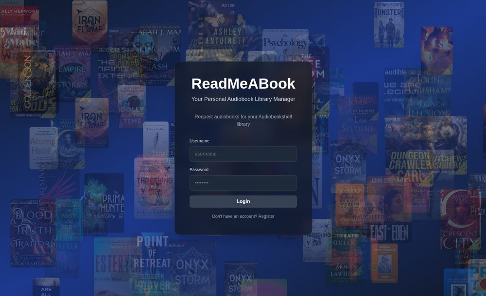 ReadMeABook login page with username and password fields and a Register link below the Login button