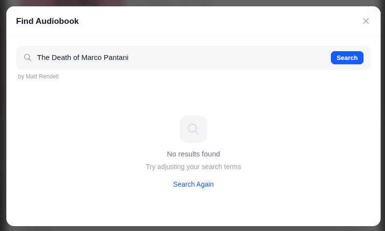 Find Audiobook window showing no results for a full title search