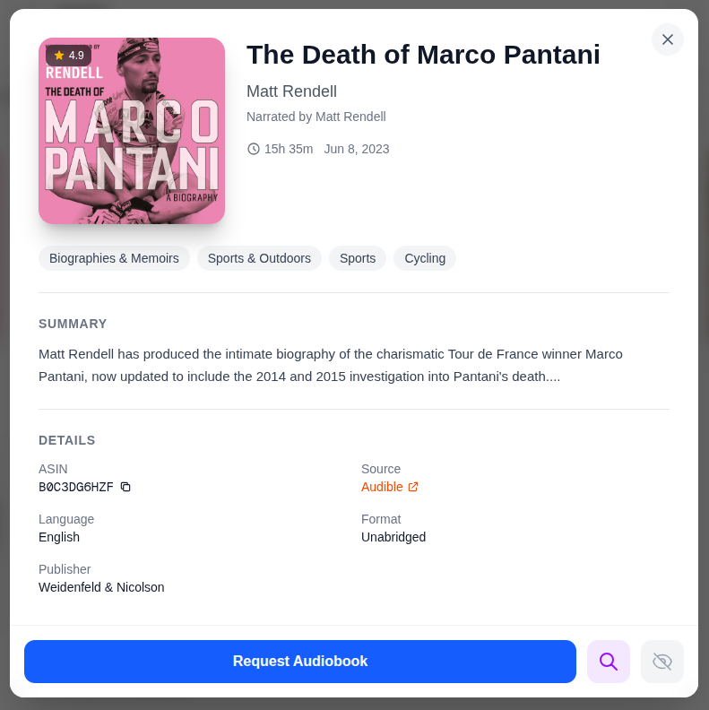Audiobook page with the Request Audiobook button and the magnifying glass icon at the bottom