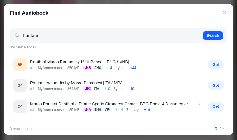 Find Audiobook window listing three results, each with a Get button, one tagged VIP