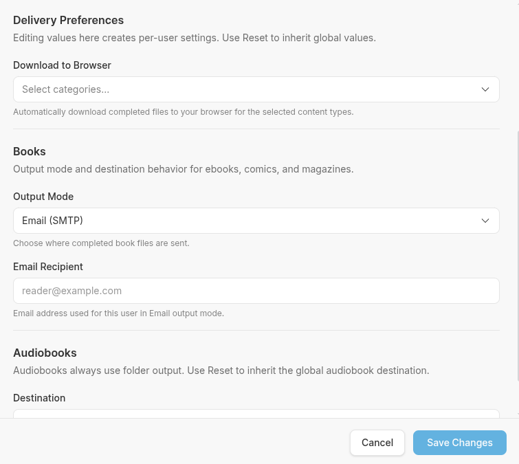 Shelfmark delivery preferences with Download to Browser, Output Mode and Email Recipient settings