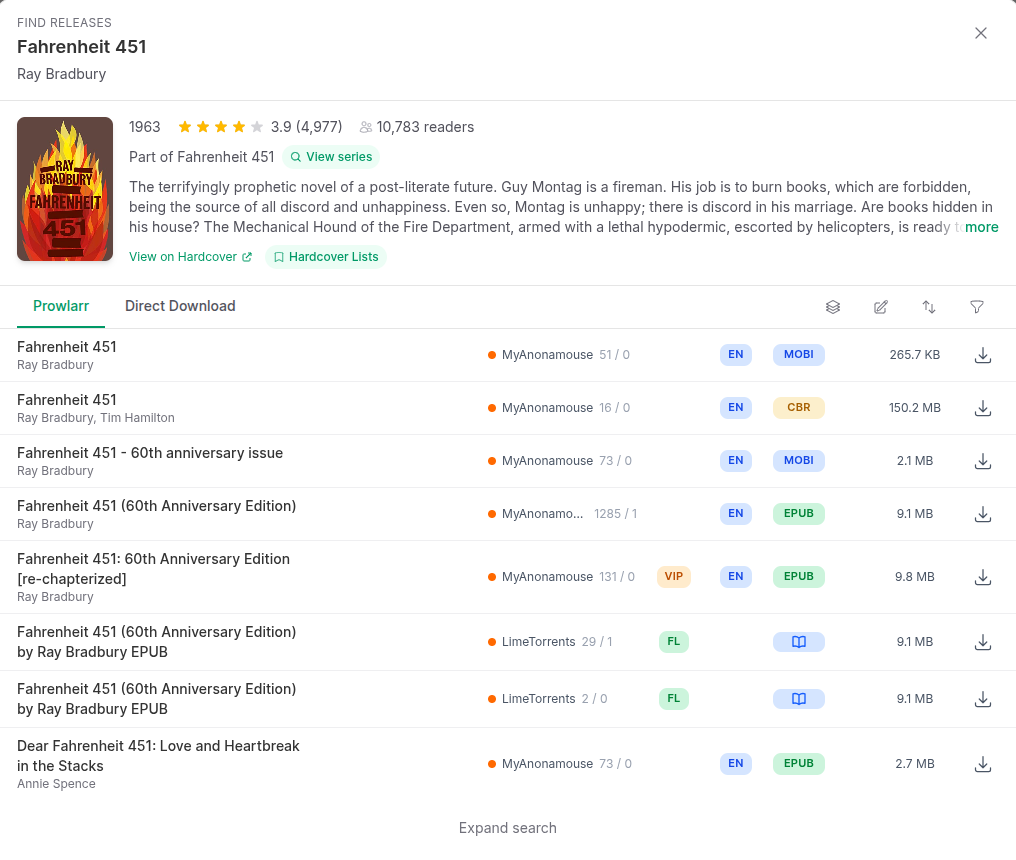 Shelfmark list of results for Fahrenheit 451, with language, format and size for each file and a download arrow on the right